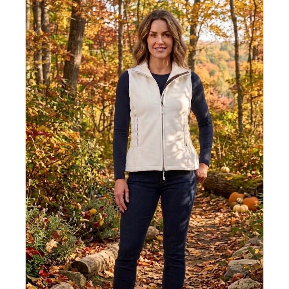 Fjall Womens XS Cream Softshell Fleece‎ Lined Ruched Side Full Zip Vest
